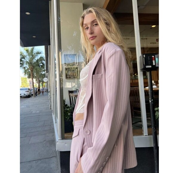 LIONESS NYC OVERSIZED BLAZER PINK PINSTRIPE SIZE XXS One Button NEW - Picture 1 of 12